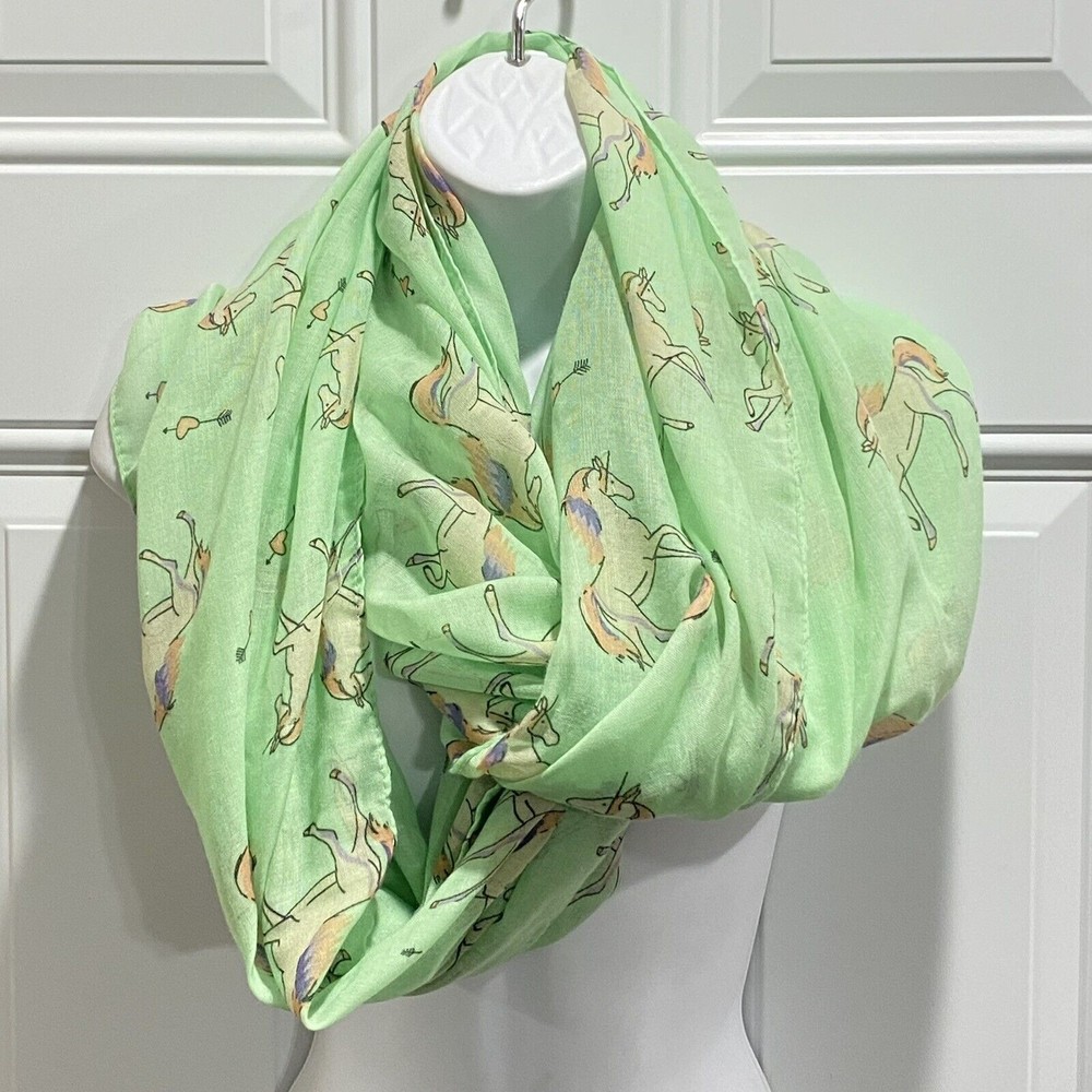 37" Lina and Lily Lime Green Infinity Scarf UNICORN PRINT Sheer Poly